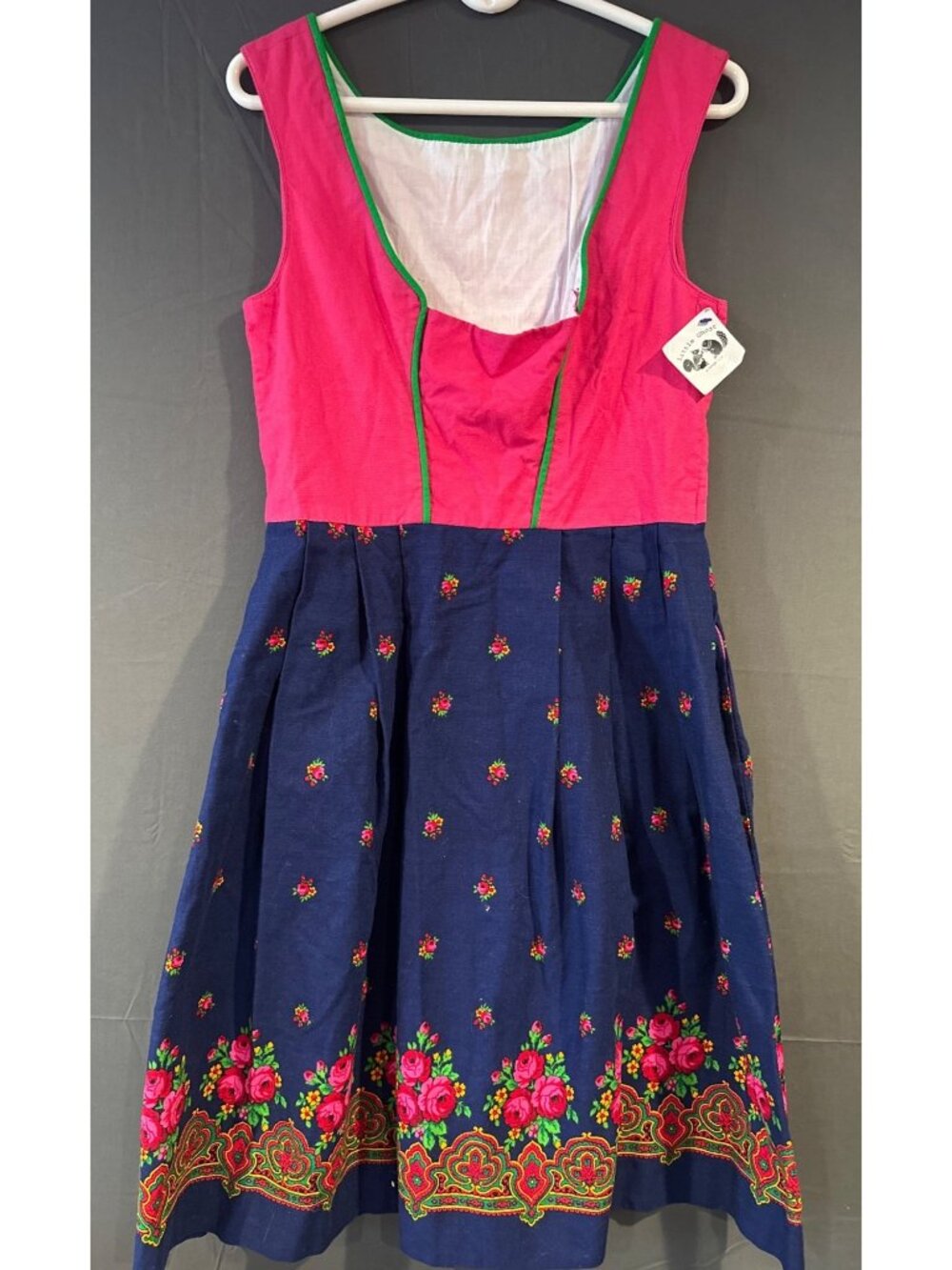 Vintage 80s 90s Floral Border Print Dress Pink Navy Pleated Cottagecore Dirndl